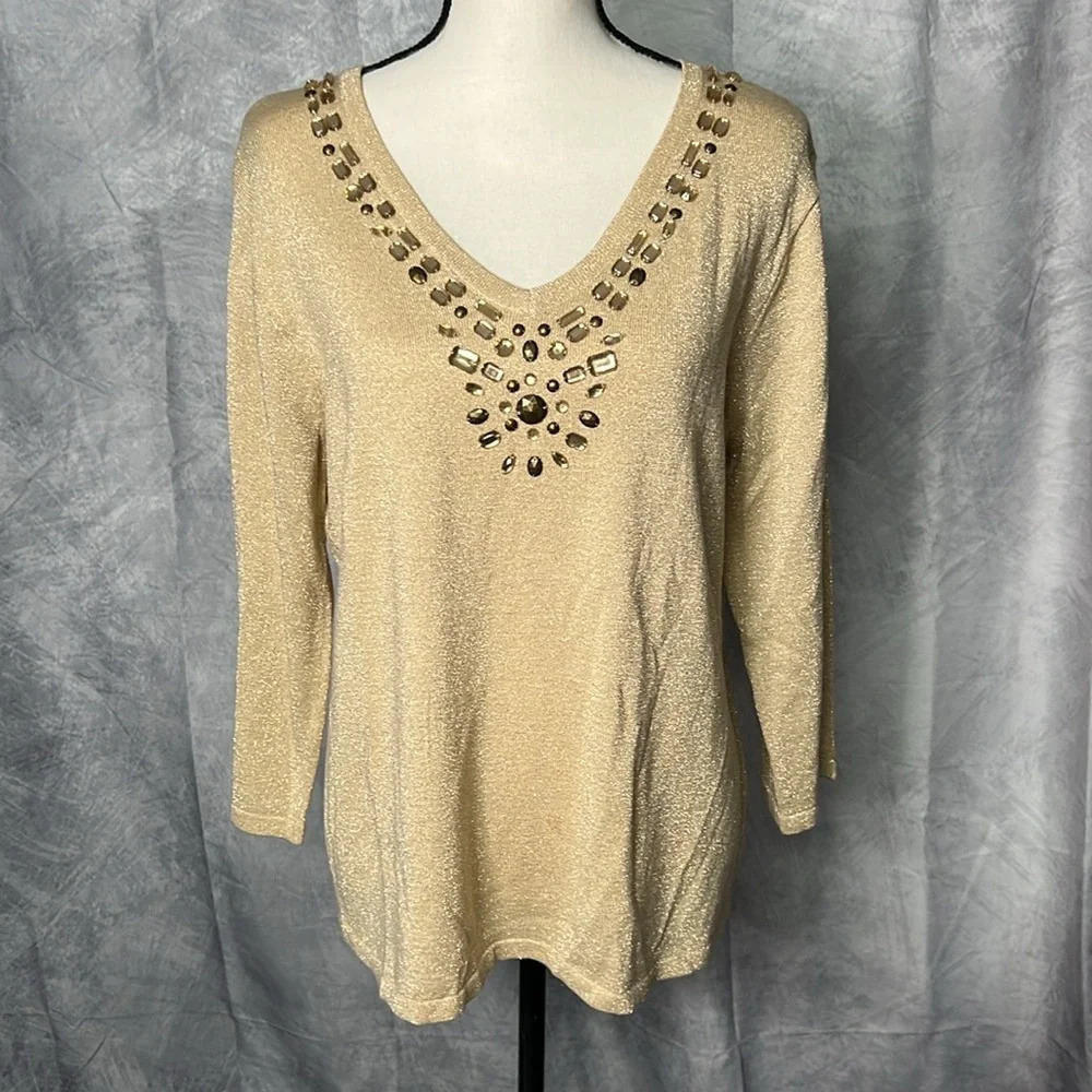 JM Collection Gold 3/4 Sleeve Beaded V-neck Sweater - size Large